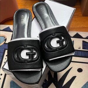 GUESS Black Leather Slide Sandals